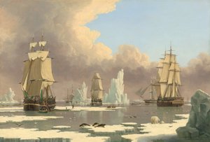 北のクジラ漁の様子。スワン号とイザベラ号、1840年頃。 作： John Ward I