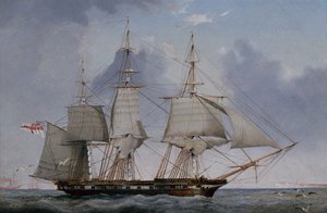 右舷鋲の 5 等艦 36 門フリゲート艦ホーヴトゥ (パネルに油彩) 作： John Ward of Hull