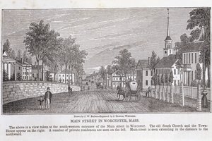 1839年にJ.ダウンズによって彫刻されたジョンワーナーバーバーによる「マサチューセッツの歴史的コレクション」のウスターのメインストリート 作： John Warner Barber