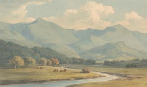 Carnedd Llewelyn と Carnedd David、カーナーヴォンシャー、オグウェン川の向こうに見える 作： John Warwick Smith