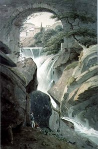 フォアグラウンド（wc）に3つの数字とチボリの滝 作： John Warwick Smith
