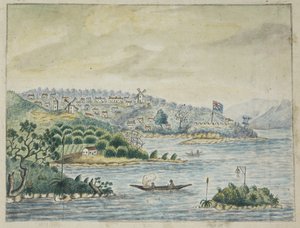 追加。 13880、f.79 イギリスの植民地の眺め。 前景、カヌーに乗った原住民、ジョン ワシントン プライス画、アイルランドからニュー サウス ウェールズおよびベンガルまで、ミネルバ輸送船に搭載されていたジャーナルから 作： John Washington Price