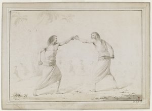 (全体図）ボクシングをする2人の男、半円形に座る観客、背景にかすかに描かれたヤシの木 作： John Webber