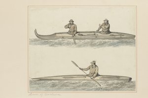 30：キャプテンクックスの最後の航海を描いた一連の水彩画からのウーナラシュカのカヌー、c.1773-84（紙のトイレ） 作： John Webber