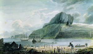 ケルゲレンの土地、1781年4月のクリスマス港の眺め 作： John Webber