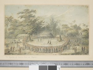 F.4 キャプテン・クックのハパエでの歓迎会、1773-84年頃（水彩画と版画 作： John Webber