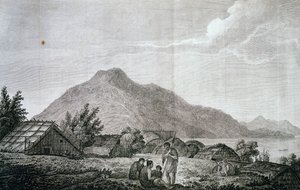 ジェームス・クック(1776-1779)の最後の航海の記録にあるジョン・ウェバー(1750-1793)の絵を元にしたモツアラ島のヒップパの中。 作： John Webber