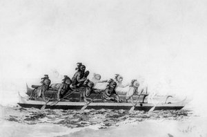 ダブルカヌーでマスクされたハワイアン、c1770-1793。 作： John Webber