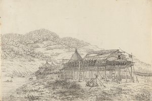 カムチャツカのセント ピーター アンド ポールで、魚を干す方法を用いたバラガンまたは夏の住居 作： John Webber
