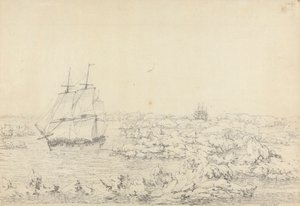 氷を打ち破る決意、遠くにある最も顕著な危険にあるディスカバリー 作： John Webber