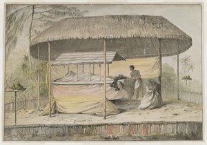1777年8月19日にタヒチを訪れたキャプテン・クックが記録した、横たわるオヘイテペハの酋長ワヘイアドゥア。葬儀用の舞台が、覆いかぶさった死体と侍者を支えている。彼らは、草ぶき屋根の日よけに守られ、低い柵に囲まれている。 作： John Webber