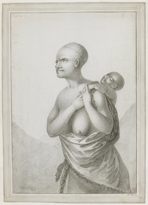 [全体図]子供を背負い、左肩から腰に皮を下げているタスマニアの女性。1777年1月 作： John Webber