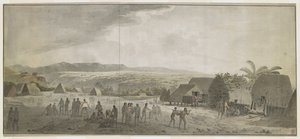 [全体図] 1778年1月、キャプテン・クックがアトオイ[カウアイ島]のワイメア村を訪れた際の図面。ある者は樽を転がし、他の者はハワイ人と物々交換をしている。右側では、2人の原住民が棒につながれた豚を運んでいる。背後には先住民の小屋があり、豚の群れがいる。 作： John Webber