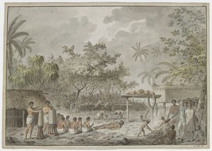 [全体図] 1777年9月1日にキャプテン・クックが目撃した、タヒチのアタフーロウ[ウトゥアイマフラウ]の大モライでの人身御供。前景に縛られた人物、後景に遺体のための穴を掘る男たち、そして2匹の犬と3匹の鵞鳥が入ったホワッタ。