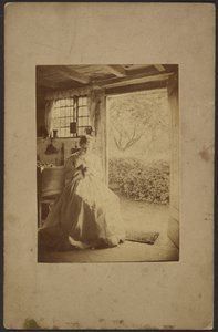 [ストライプのロングドレスを着た女性が部屋の中に座っている] 作： John Whistler