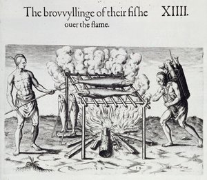 Thomas Harriot（1560-1621）pubによる「バージニアの新たに発見された土地の簡単で真の報告」からの魚料理、プレート。 1590 作： John White
