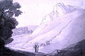 2人の人物が描かれた丘陵の風景（ペン、インク、水彩）