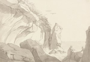 デボン州エクスマウス近くのウォーレン：海の端にある岩の上の人物 作： John White Abbott