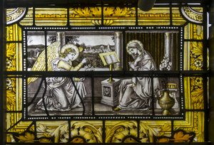 オックスフォード、トリニティカレッジ、ジェームズパウエル＆サンズ、ジョンウィリアムブラウン（1842-1928）、受胎告知、1885年 作： John William Brown