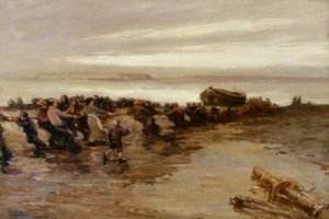 ホーリー島の救命ボートの引き上げ、1910〜20年頃 作： John William Gilroy