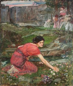研究：乙女が小川で花を摘むc。 1909-1914 作： John William Waterhouse
