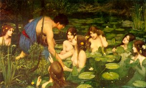「ハイラスと水のニンフ」、1896年、1915年頃。 作： John William Waterhouse