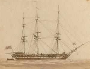 彼女の錨に乗っているイギリスのフリゲート艦 作： John Wilson Carmichael