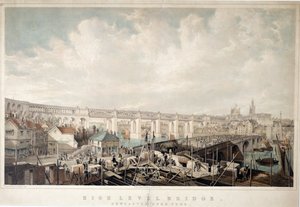 ハイレベルブリッジ、ニューカッスルアポンタイン、ジョージホーキンス（1819-52）による彫刻（手塗りのリソ） 作： John Wilson Carmichael