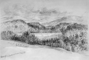 ブランプトン近くのヒルベック堤防（紙とbcと鉛筆） 作： John Wilson Carmichael