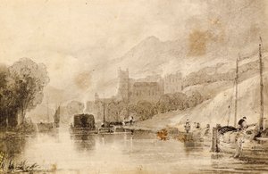 艀（はしけ）と廃墟の城のある川の風景 作： John Wilson Ewbank