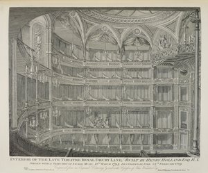 ヘンリーホーランドによって造られたロンドンの後期劇場ロイヤル、ドゥルーリーレーンの内部、1794年、デールによって彫刻された1809年に火によって破壊された、1820年