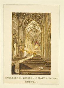 ホガースの祭壇画を示すセント・メアリー・レッドクリフの中央通路の東側の眺め、1824年頃（紙に鉛筆と水彩画 作： John Withers