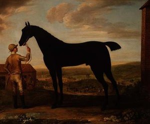 厩舎の外で新郎に抱かれるダークベイの競走馬「Basto」（ニューマーケット 作： John Wootton
