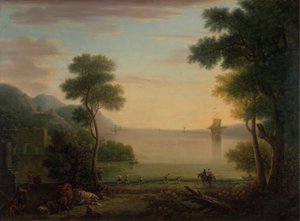 人物と動物のいる古典的な風景: 日没 作： John Wootton