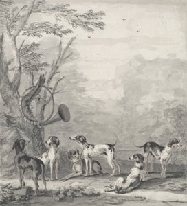 風景の中の猟犬（グラファイト、ペン、茶色のインク、灰色のウォッシュ） 作： John Wootton