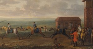 ポートモア卿がニューマーケット ヒースでの演習で競走馬を見守る 作： John Wootton