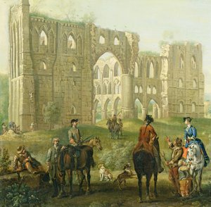リヴォー修道院の廃墟で一時停止しているライダー、c.1740-50（キャンバスに油彩） 作： John Wootton