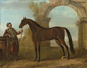 台無しにされたアーチのある風景の中で、新郎が所有するゴドルフィンアラビアン、1731年 作： John Wootton