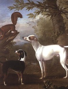 木の切り株に乗ったリスに惹かれる2匹のスポーツ犬 作： John Wootton