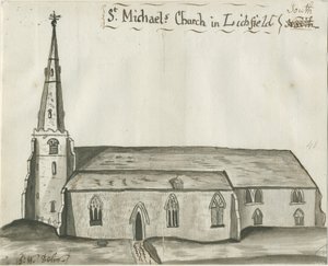 リッチフィールド-聖ミカエル教会：セピア色のデッサン、nd [1784]（デッサン） 作： John Wright