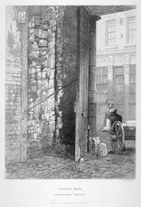 1851年、ロンドンのウォール、クリップルゲートのないセント・ジャイルズの教会堂にあるクリップルゲート・ポスターン。 作： John Wykeham Archer