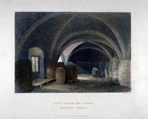 1851 年、ロンドン、ランベス パレスのチャペルの下にある樽で満たされた地下室。 作： John Wykeham Archer