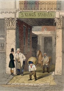 クラレンドンハウスの遺跡、スリーキングスリバリーステイブルズ、ピカデリー、「オールドロンドンの遺跡」から、1851年（色のエッチング） 作： John Wykeham Archer