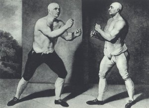 1741年、イギリスの初期の素手のボクサー、John Broughton（左）とGeorge Stevensonの戦い：Broughtonはボクシンググローブを発明した（メゾチント 作： John Young