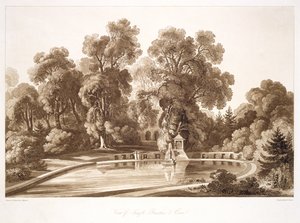 フレデリッククリスチャンルイスSnrによって彫刻された神殿の噴水と洞窟、セジンコテの眺め。 （1779-1856）、c.1817-18（sepia aquatint）（171663も参照） 作： John after Martin