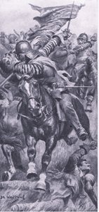1642年10月23日、エッジヒルで王の標準を取り戻すLieutenat John Smith、1915年の陸と海での英国の戦いのイラスト 作： John de Walton