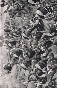 アルマの戦い、1854年9月20日：第93ハイランダーズの前進、1915年の陸と海でのイギリスの戦いのイラスト 作： John de Walton