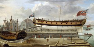 乾ドック入りのイギリス海軍軍艦、6等艦（シックス・レート）。造船所はテムズ川南岸のロザーハイト（イギリス）と思われる 作： John the Elder Cleveley