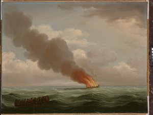 水面近くまで燃えた「ラックスボロー・ガレー号」（1727年6月25日 作： John the Elder Cleveley