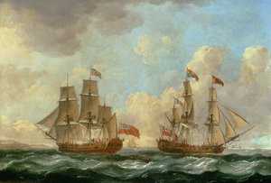 海岸沖の2つの位置にあるペレグリン、1766 作： John the Elder Cleveley